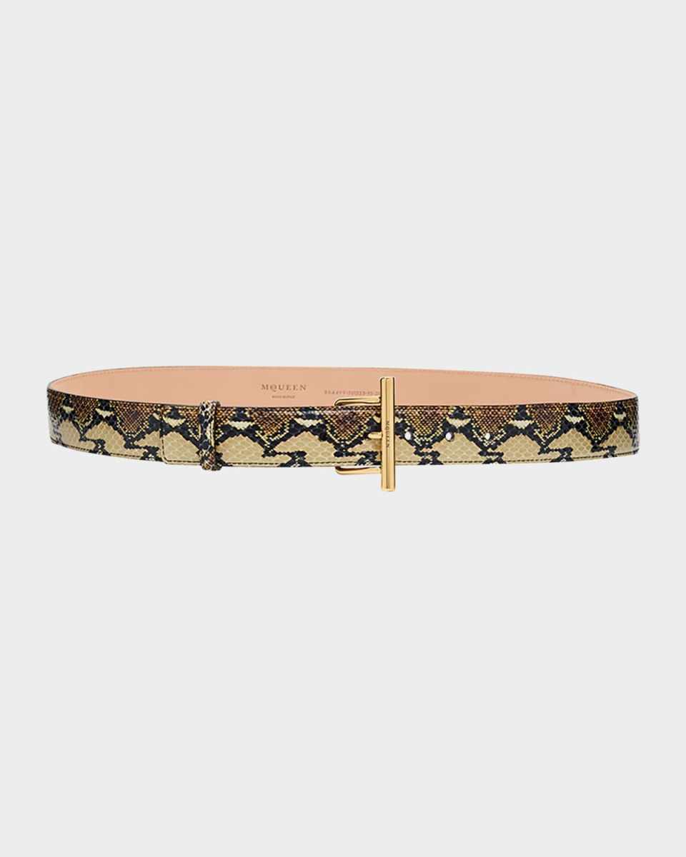 T-Bar Snakeskin-Print Leather Skinny Belt